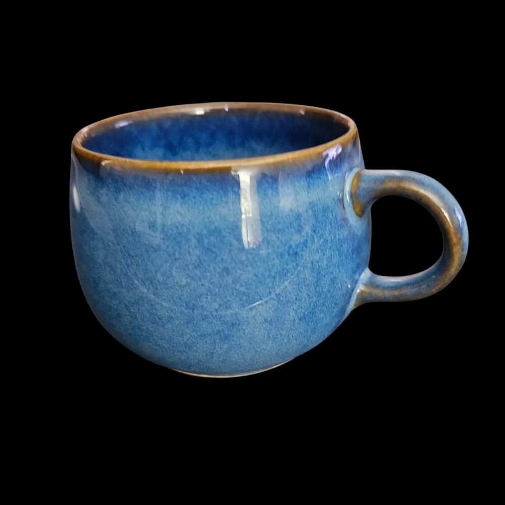 Set of 5 Blue Glazed Stoneware Coffee Mugs Brown Rim Vintage Pottery